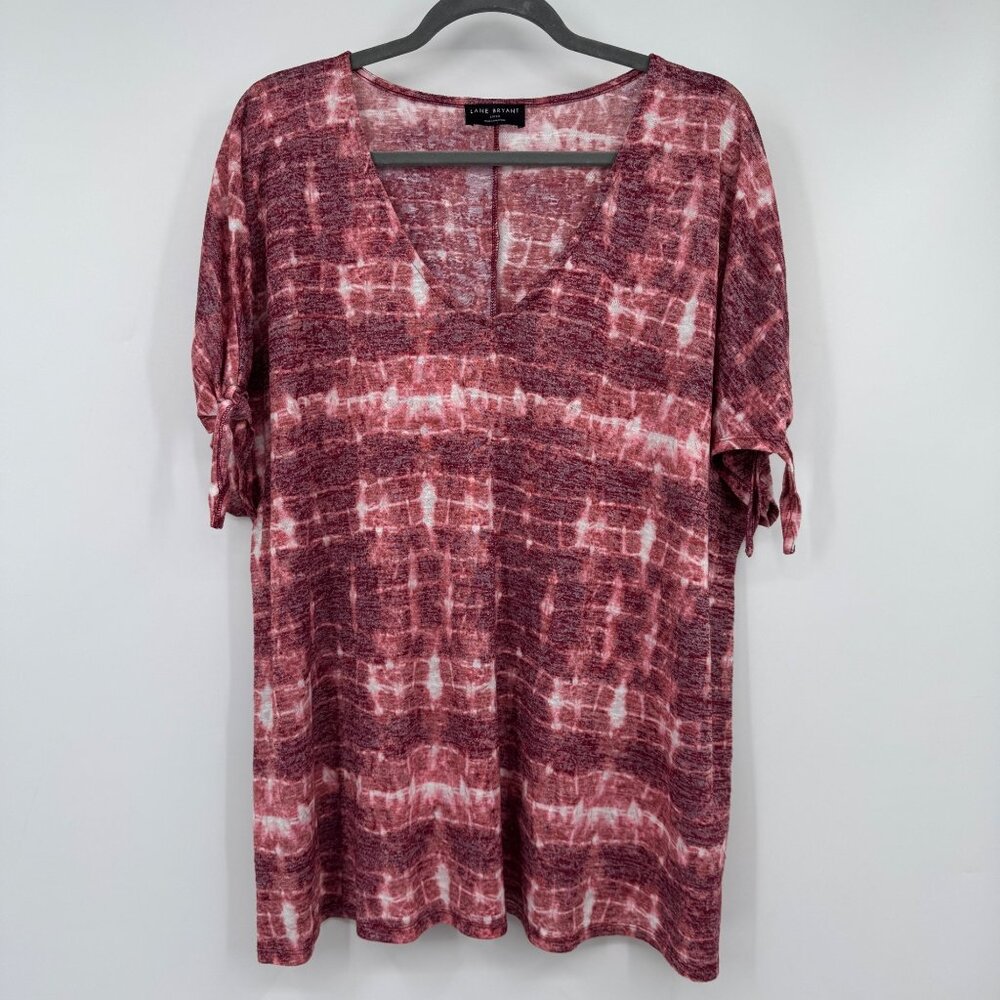 Lane Bryant Women’s Tie Dye Red Pink White Tie Short Sleeve Shirt Sz 18/20 Woman